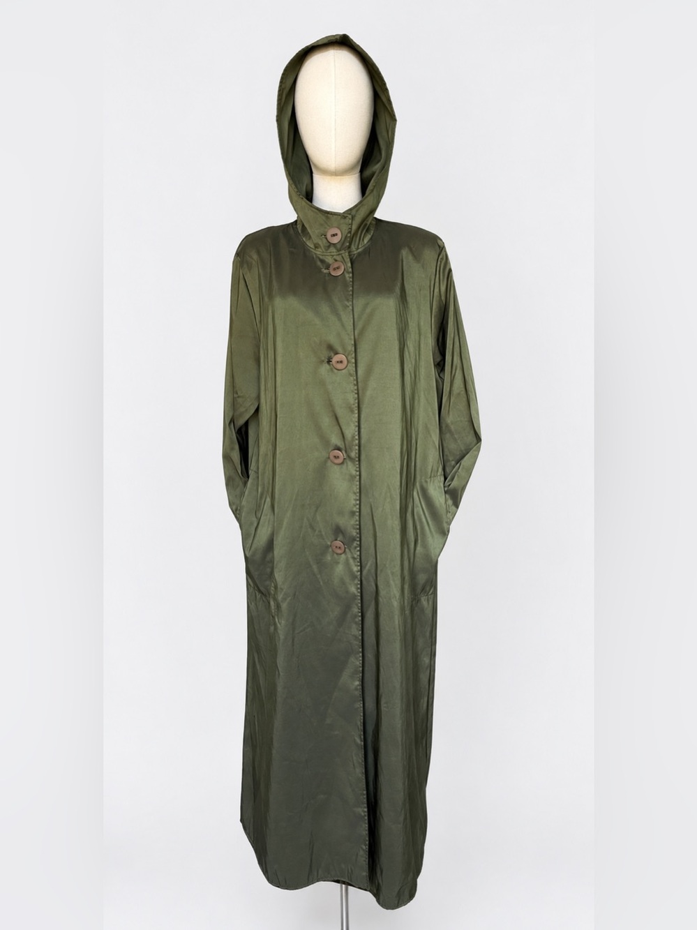 Maralyce Ferree USA Olive Green Taffeta Hooded Duster Trench Coat Womens L VTG